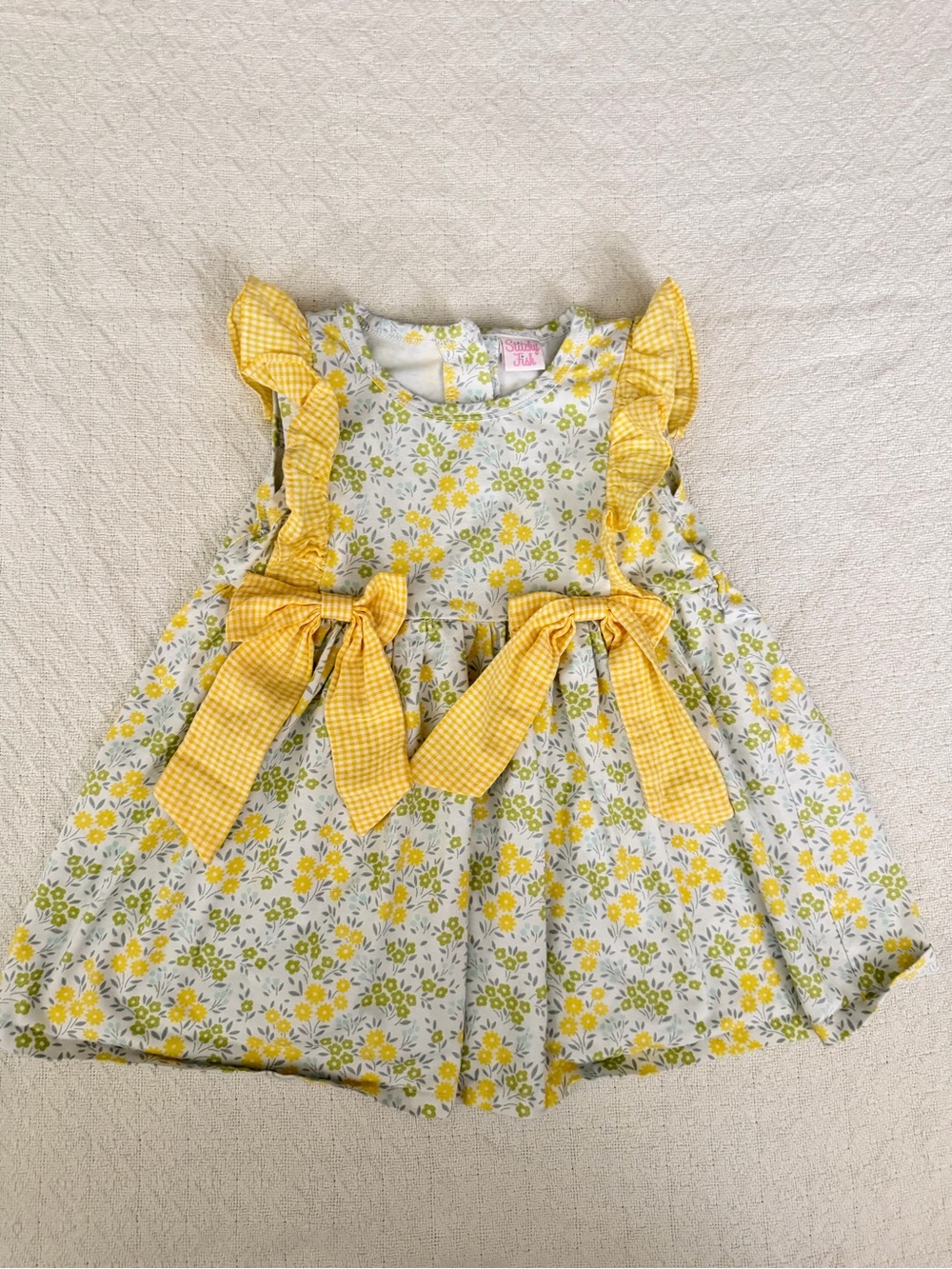 Stitchy Fish Dainty Floral Tunic Dress with Yellow Gingham Bows and Ruffles